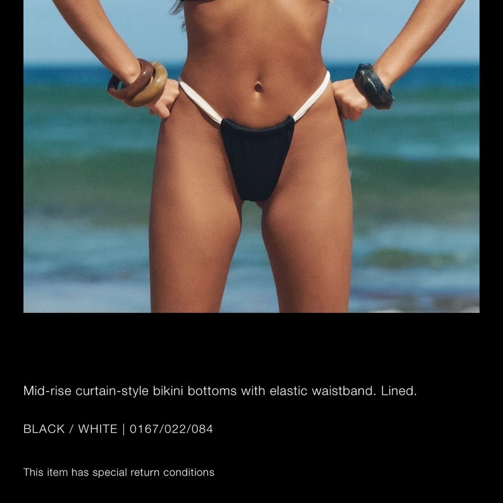 Zara Slide String Bikini Bottom Black White Mid-Rise Ruched Size: Medium